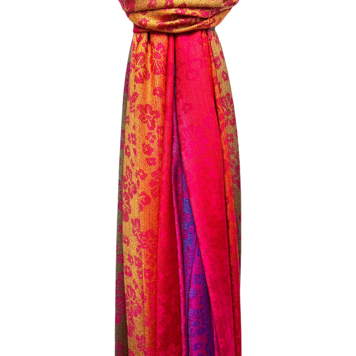 Rainbow Pashmina sakura flower print with tassels: Hot Pink