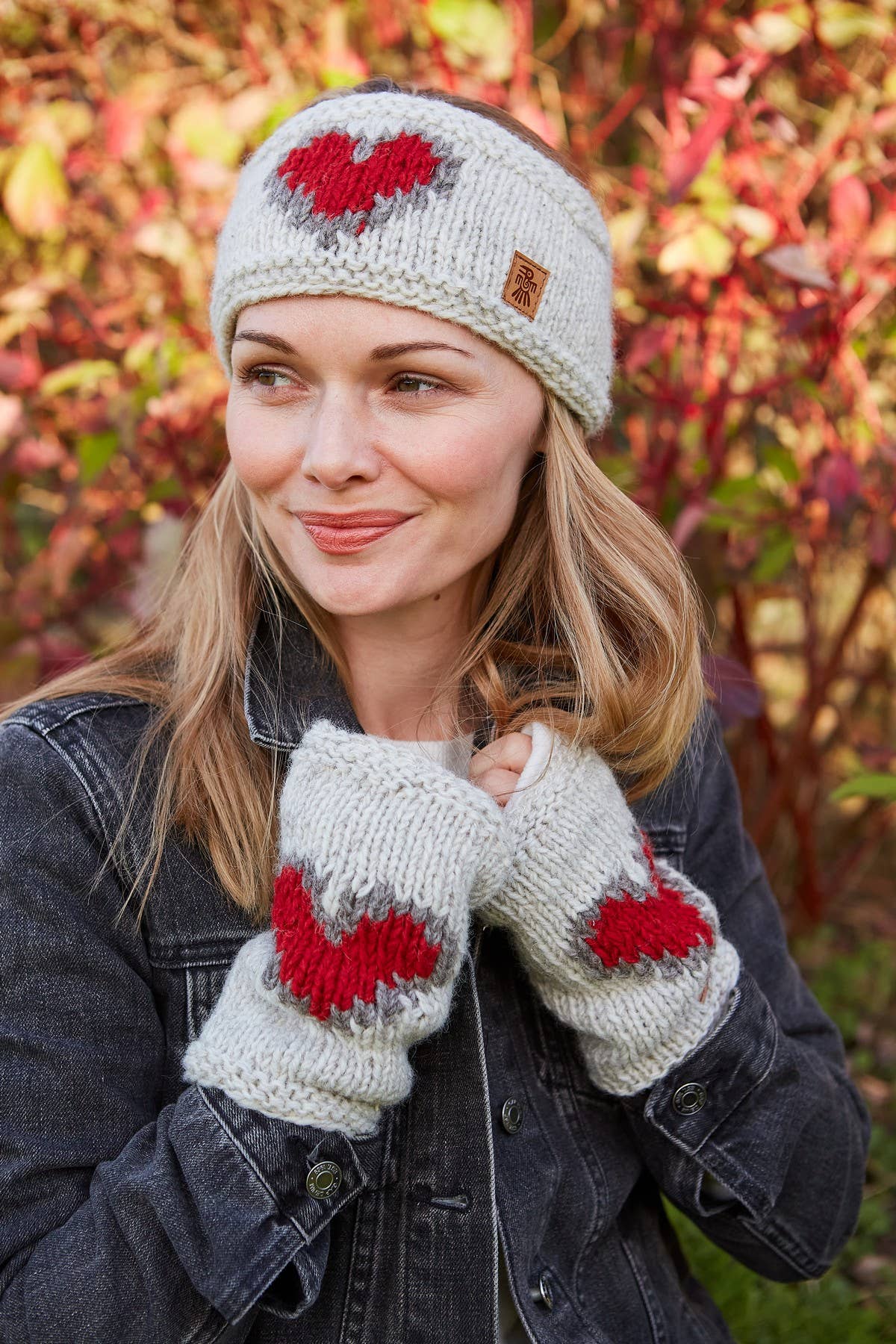Heart - Natural Hand Knitted Wool Red Heart Fingerless Glove: One Colour