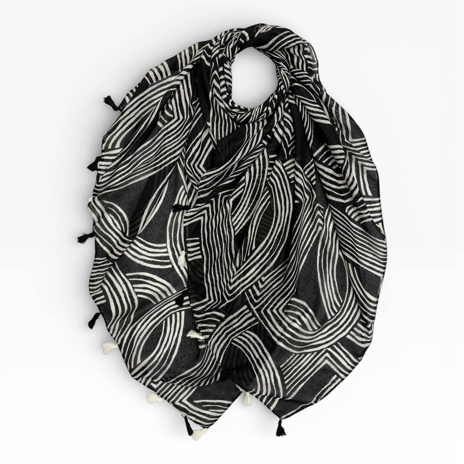Abstract Line Print Tassel Scarf: Sage