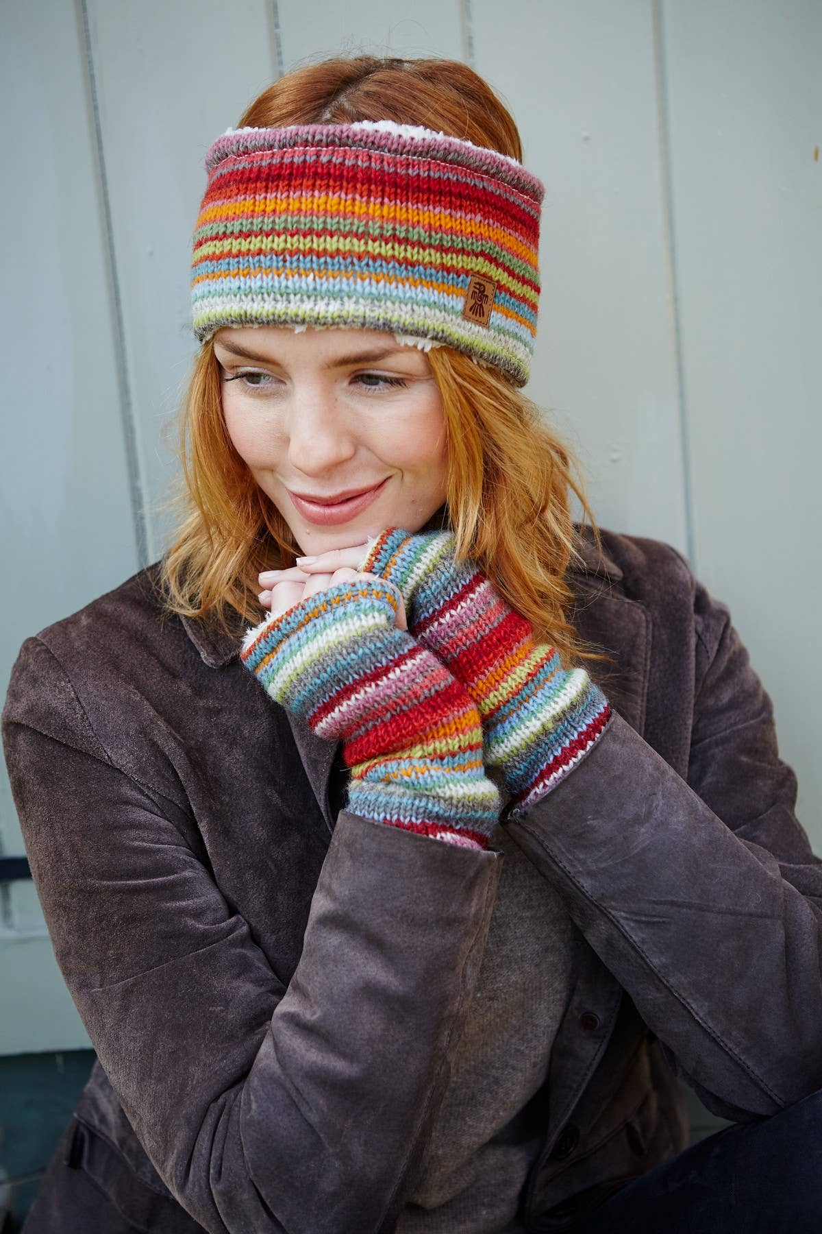 Seville Knit Fingerless Gloves Sunset Striped Sherpa Fleece: Handwarmer
