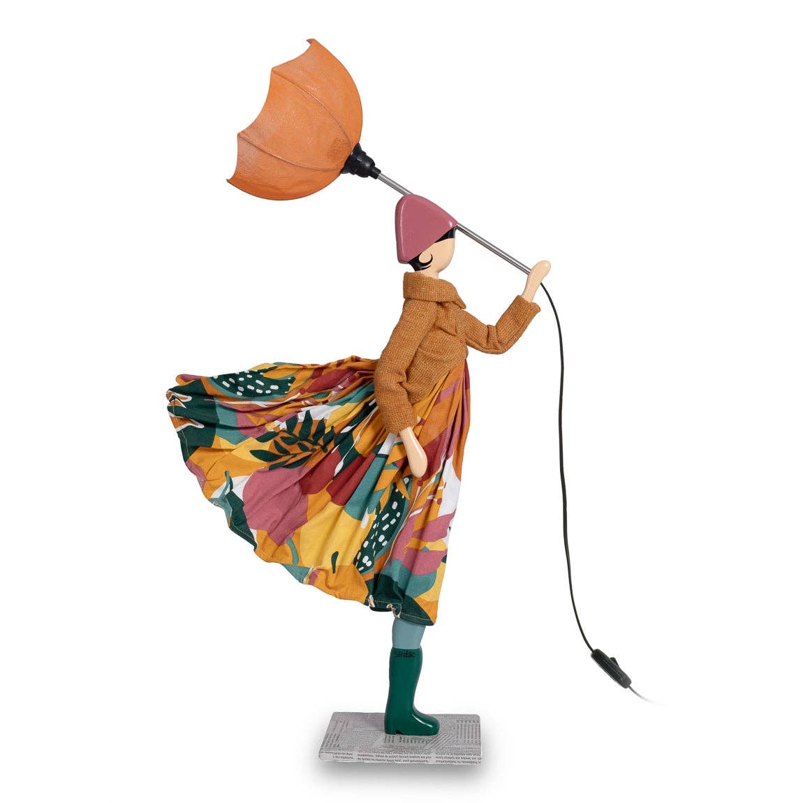 Whimsical Lis Lady Lamp figurine with woman in patterned dress and pink hat holding orange umbrella shade