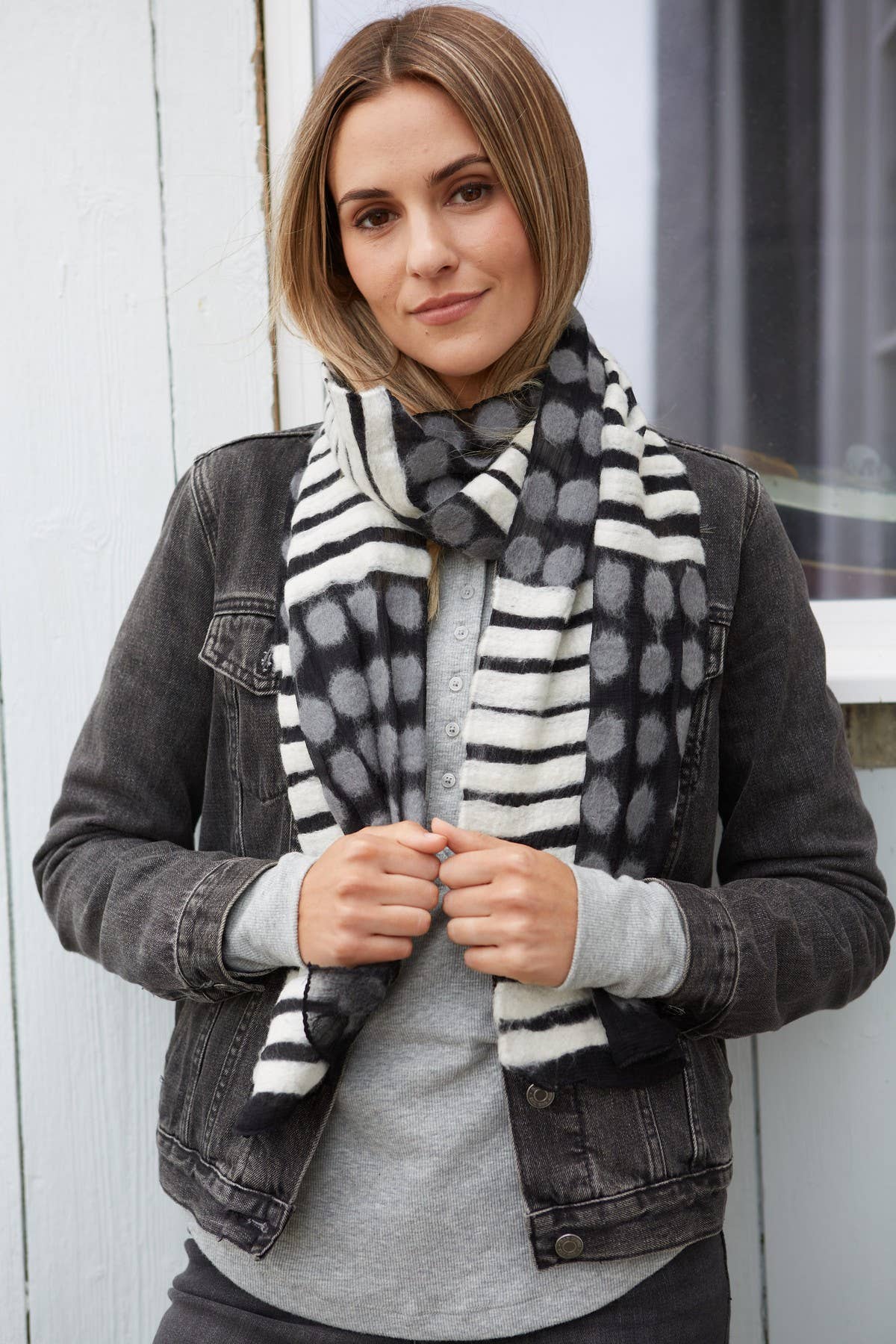 Spots and Stripes Felted Wool Scarf Neutral Black and White: Neutral