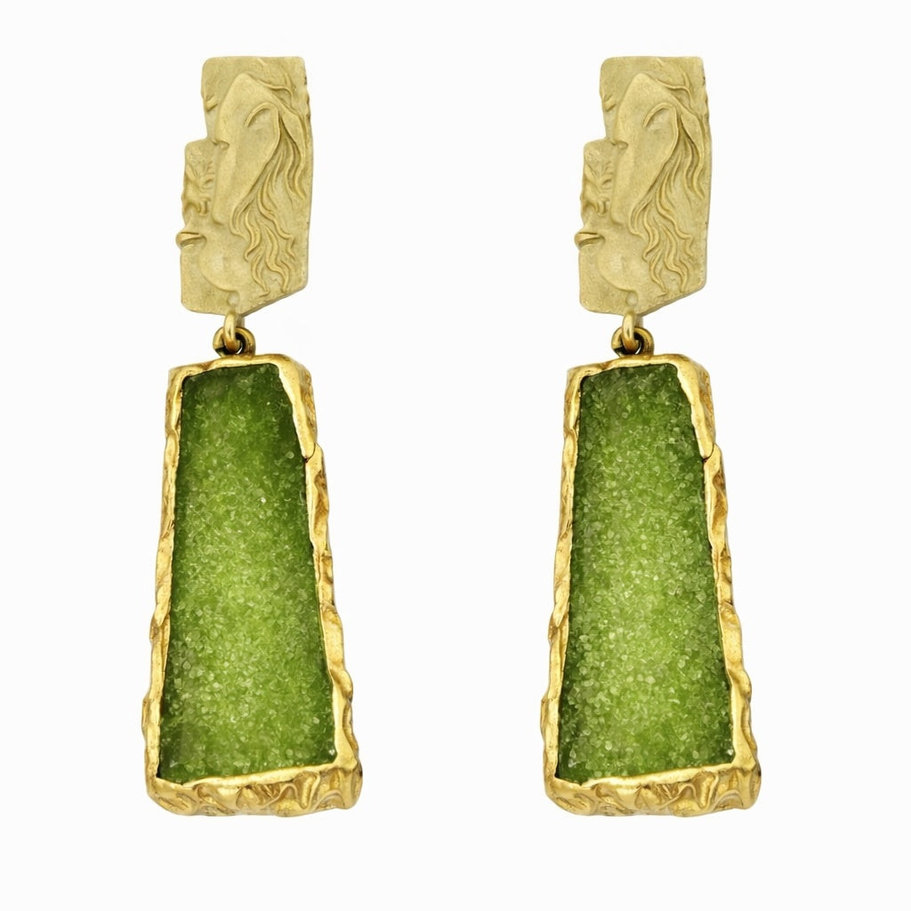 Brass Green Resin Clip Earrings