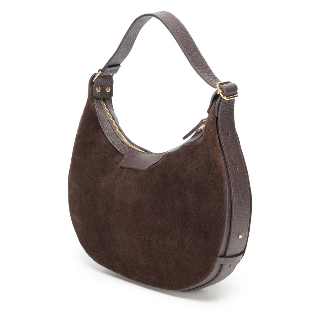 Brown suede crescent shoulder handbag with leather trim and gold hardware