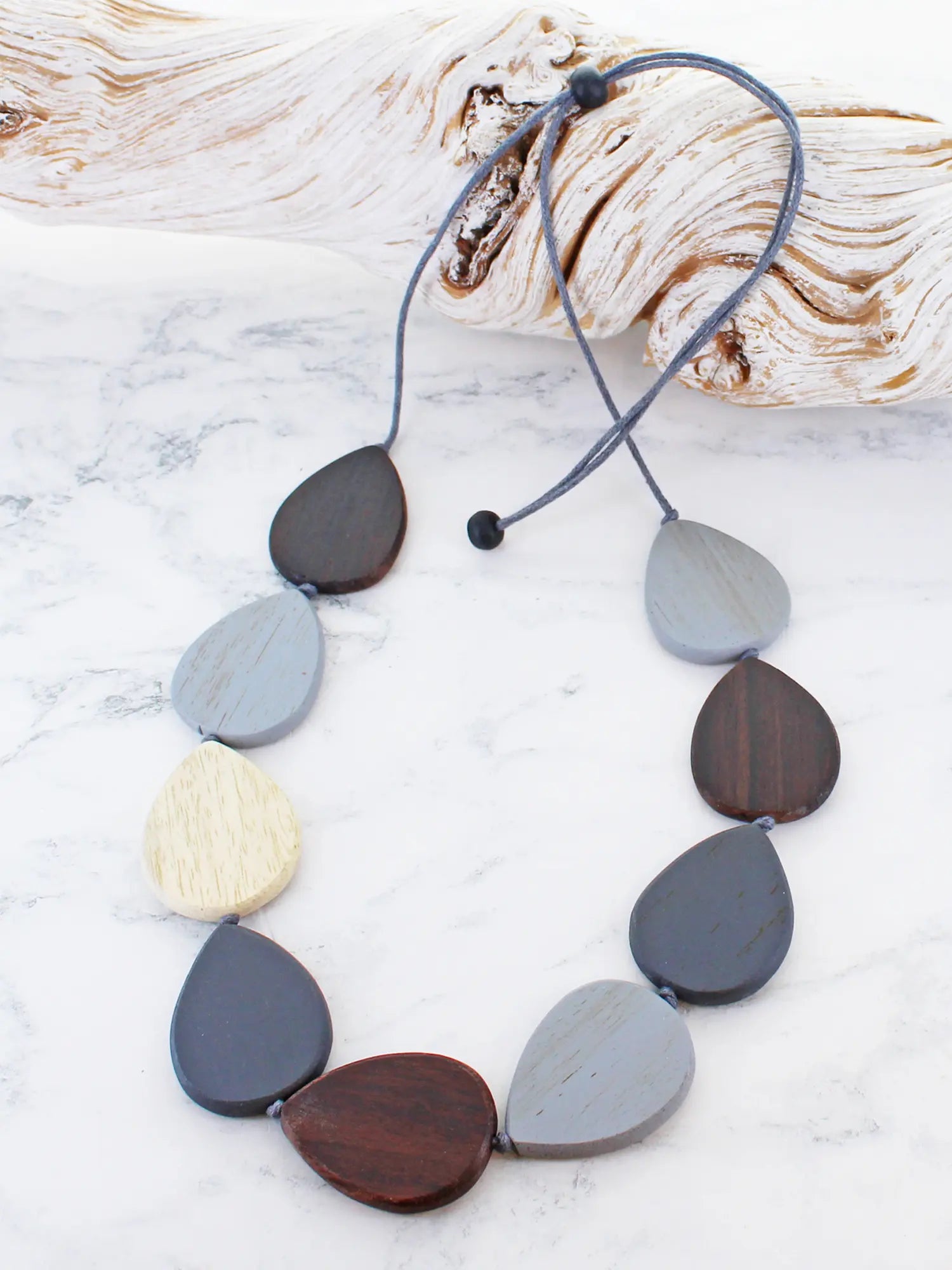 Wooden Teardrop Necklace Grey