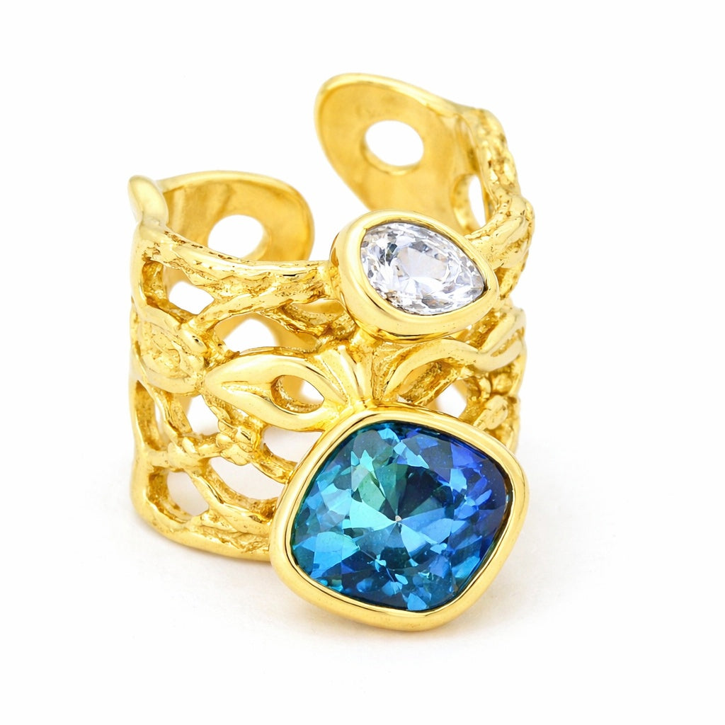Brass Bermuda Blue Crystal Ring