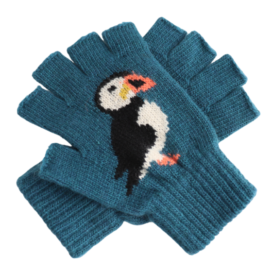 Blue Puffin Fingerless Gloves
