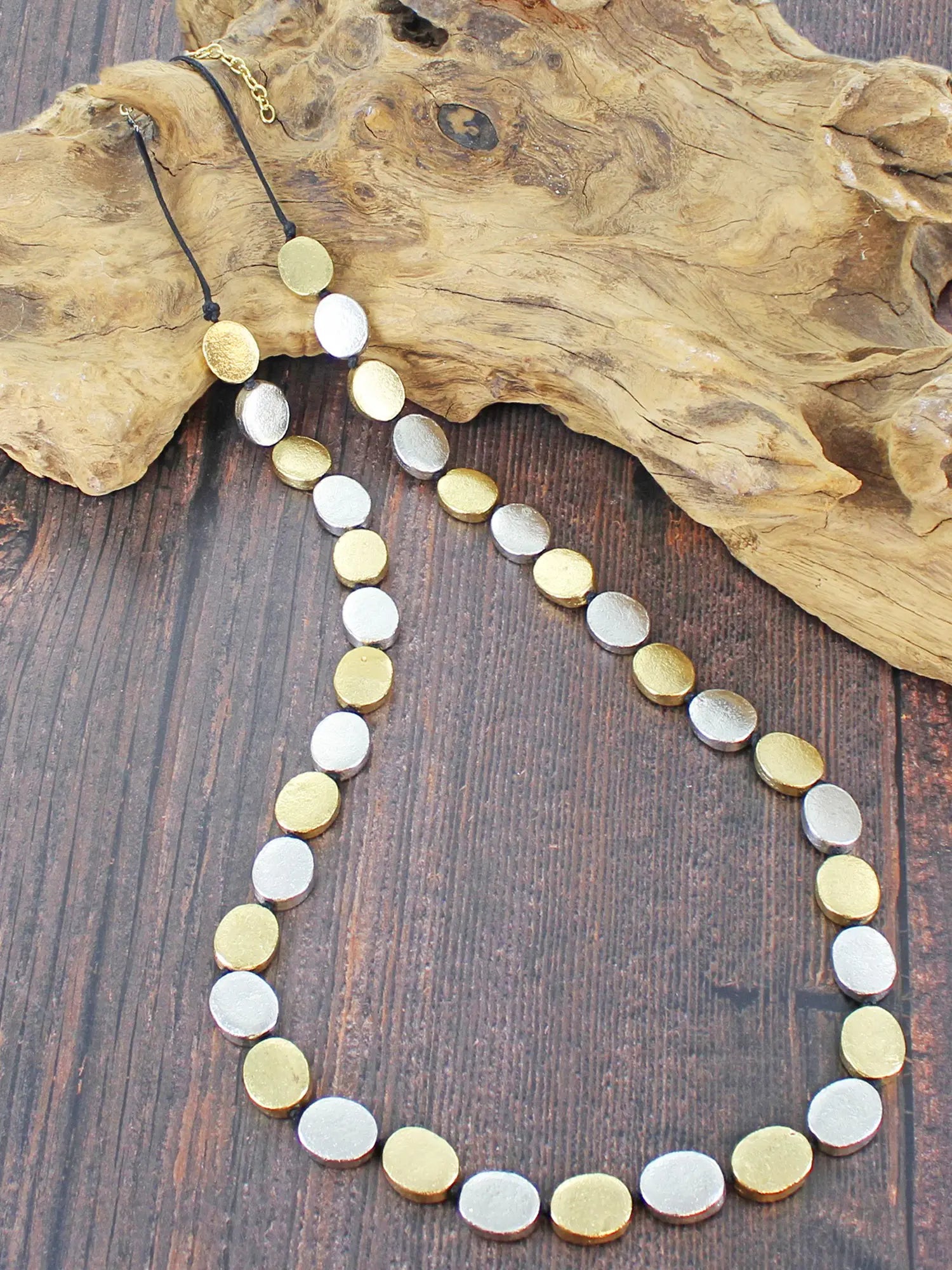 silver and gold oval disc necklace