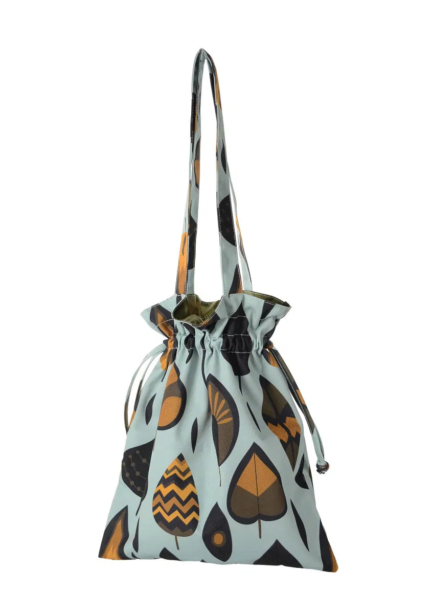 Aqua/Khaki Leaf Tribe Draw String Bag