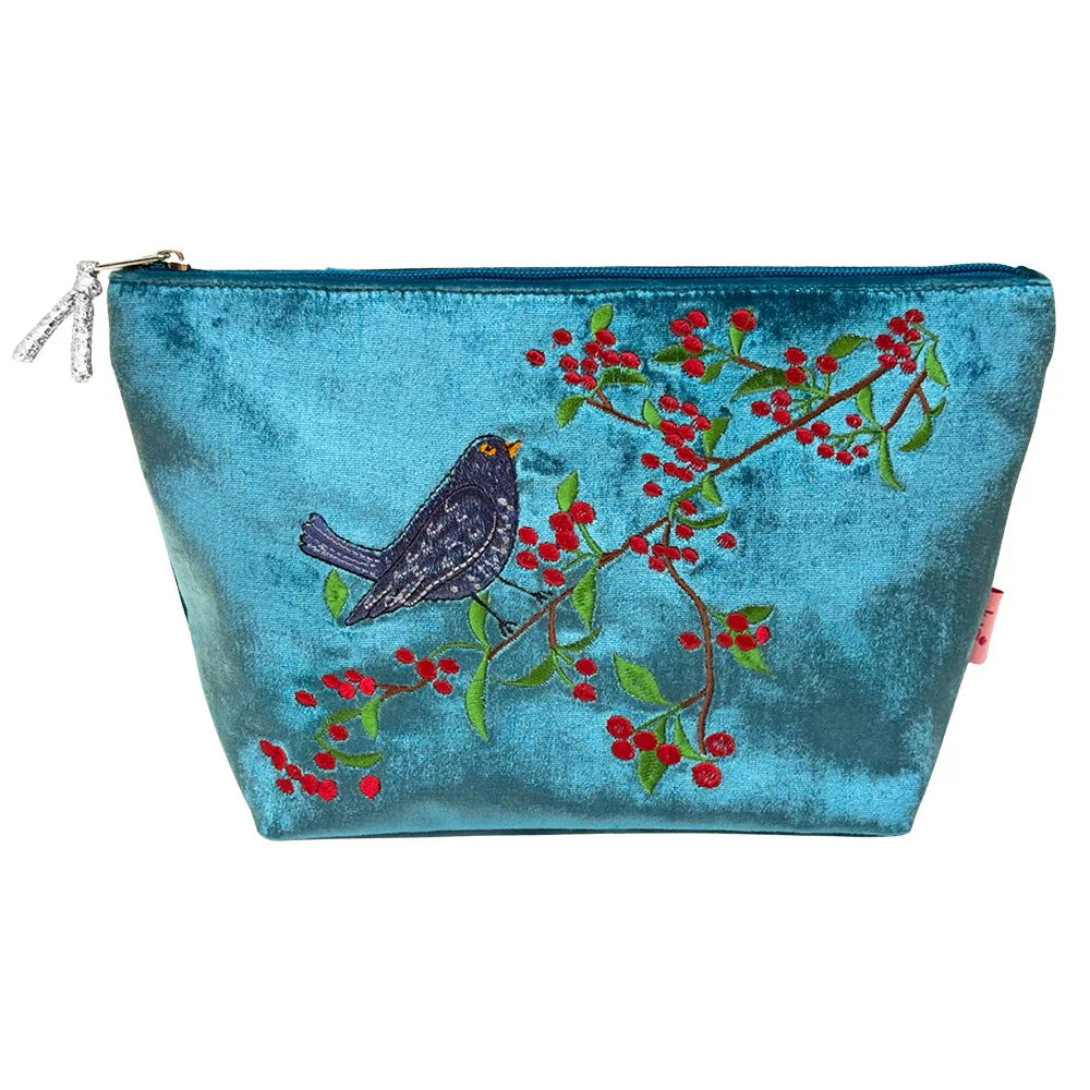 Blackbird and Berries Wide Cosmetic Pouch