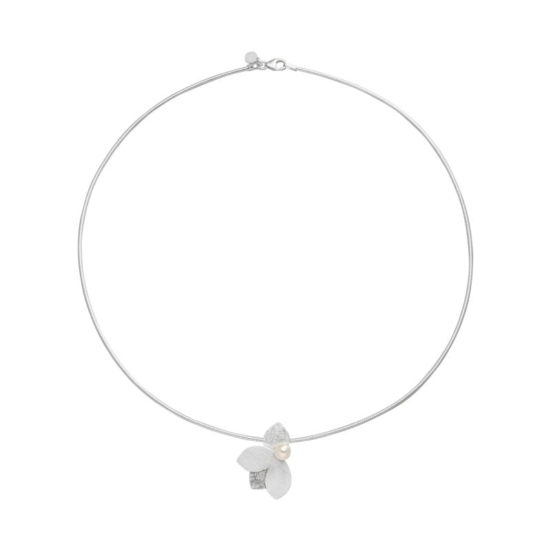 Silver Petal Pearl Pendant + Chain