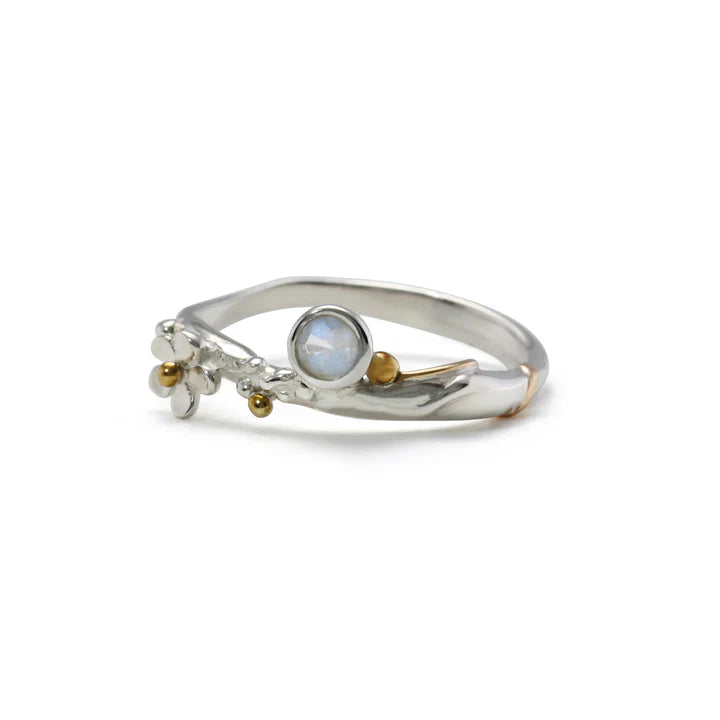 Silver Ring with Rainbow Moonstone and Flower