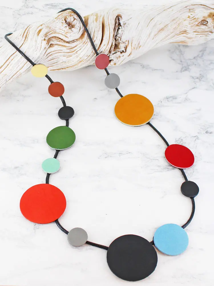 Long Single-Strand Leather Disc Necklace