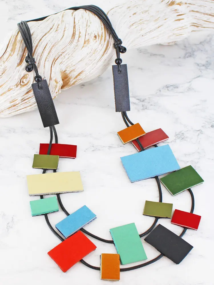 Long Rectangular Leather Necklace