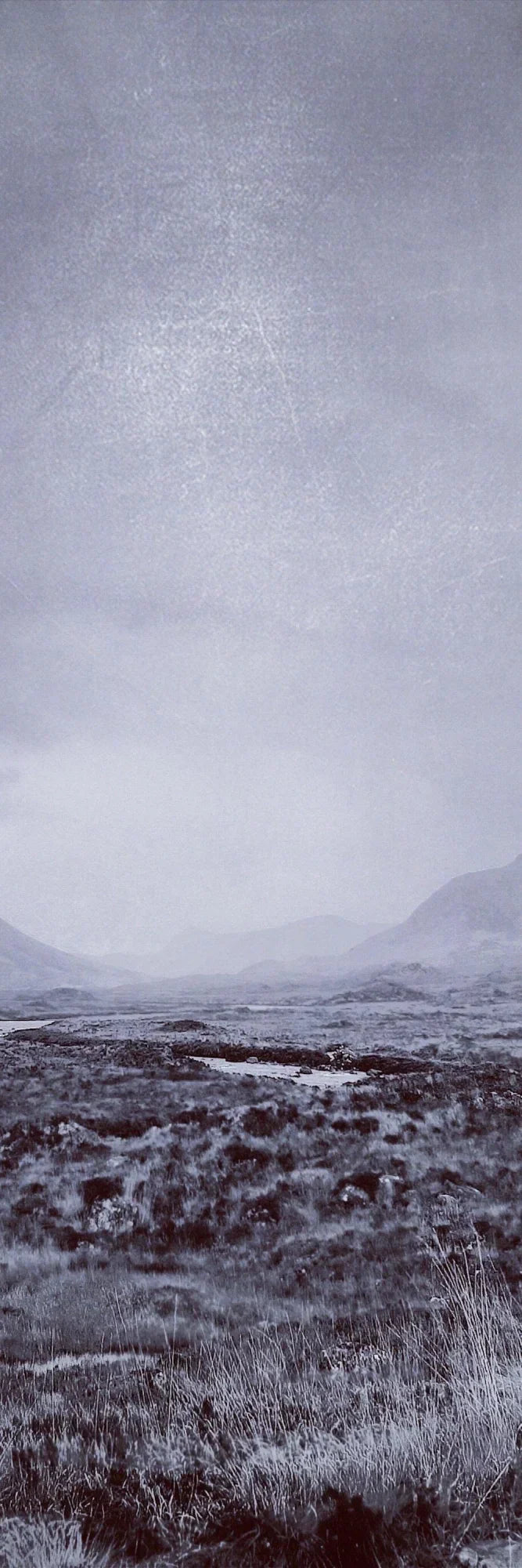Misty monochrome Cuillin Skye triptych: snow-dusted hills, barren field