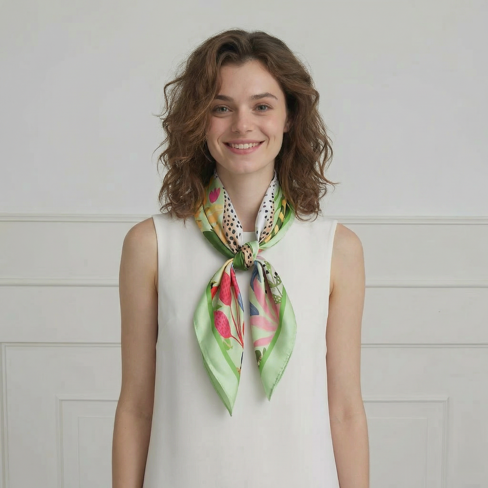Tropical Leopard Square Silk Feel Scarf (70x70cm) - Green