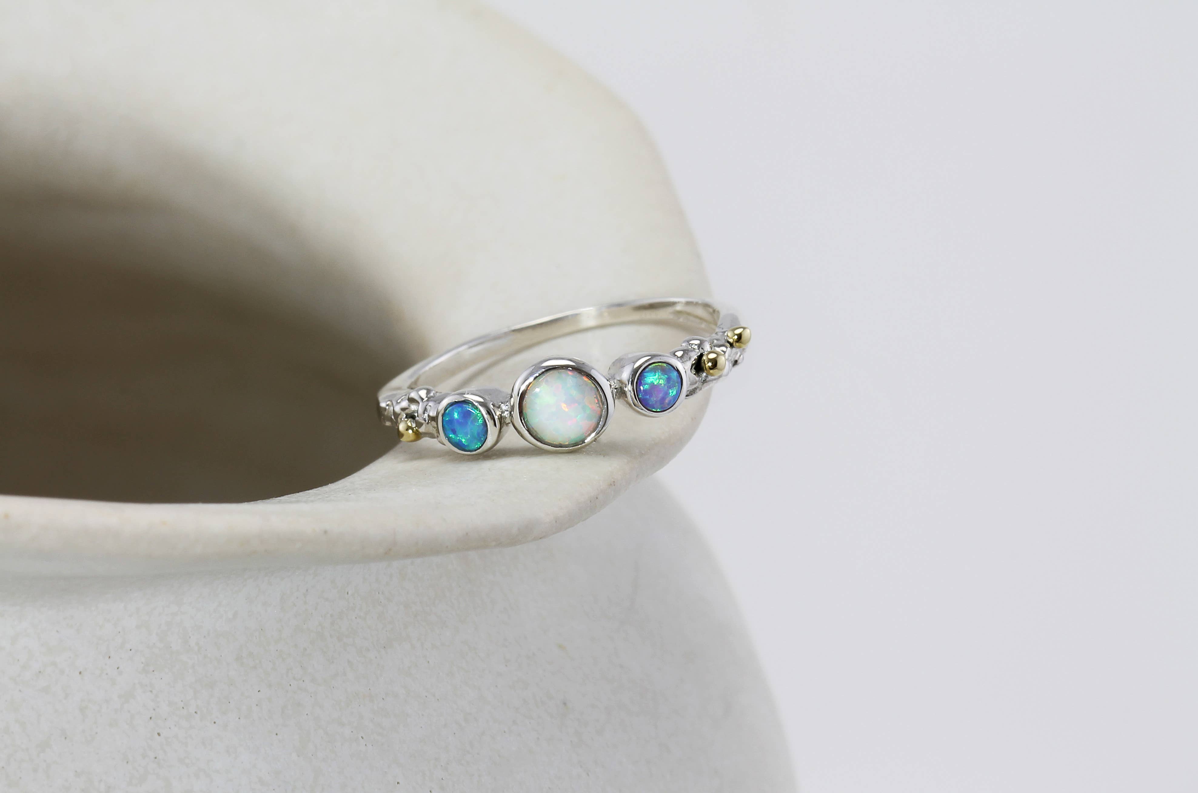 Handmade Sterling Silver Dainty Three Opalite Ring: S