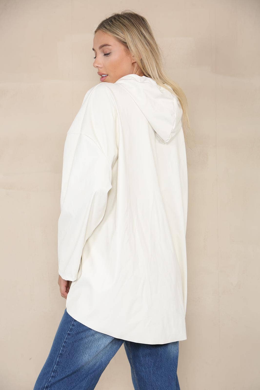 PU Leather Hooded Jacket: Cream / One Size To Fit UK 8-20