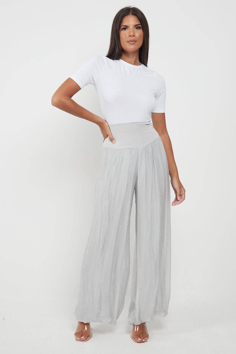 Italian Ladies Plain Wide Leg Silk Palazzo Trouser: Navy / One Size (UK 10-16)