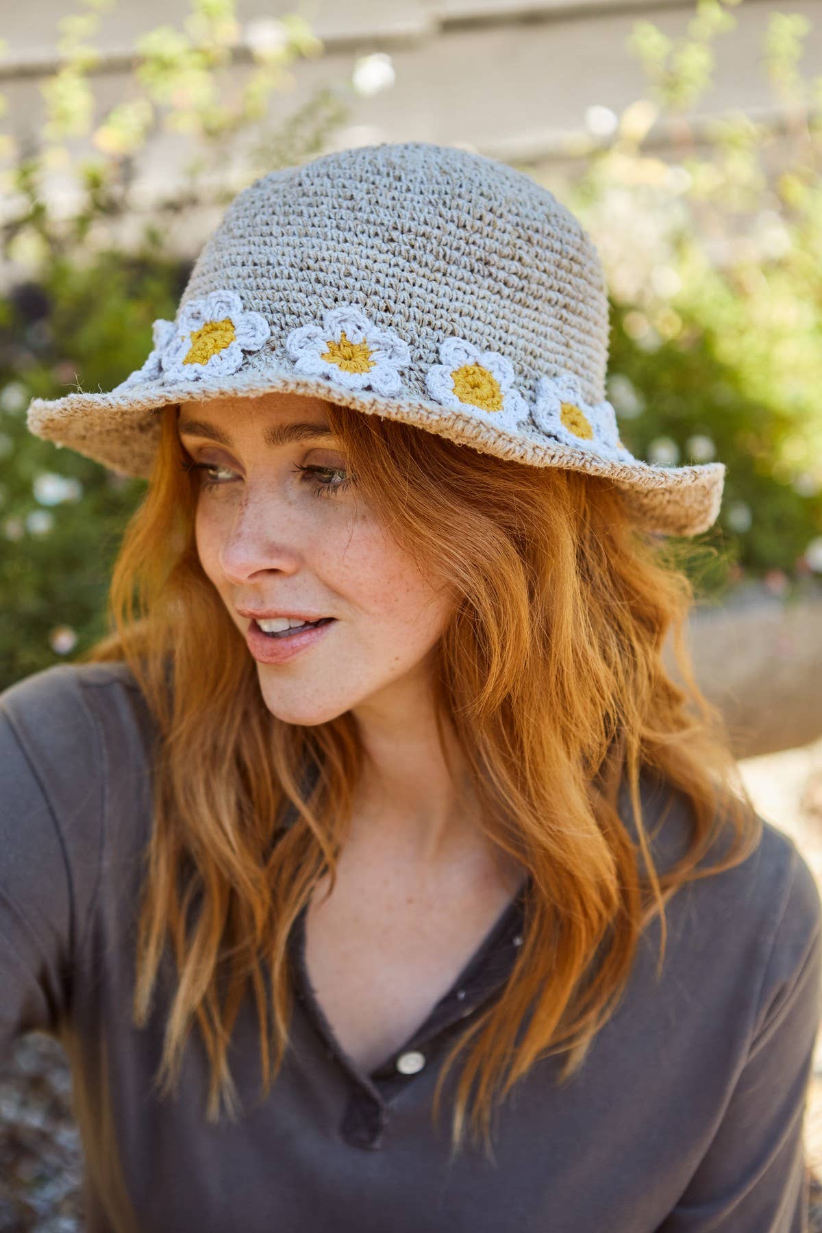 Crocheted Hemp Cotton Sun Hat Embroidered Daisy Chain Oat: One Colour