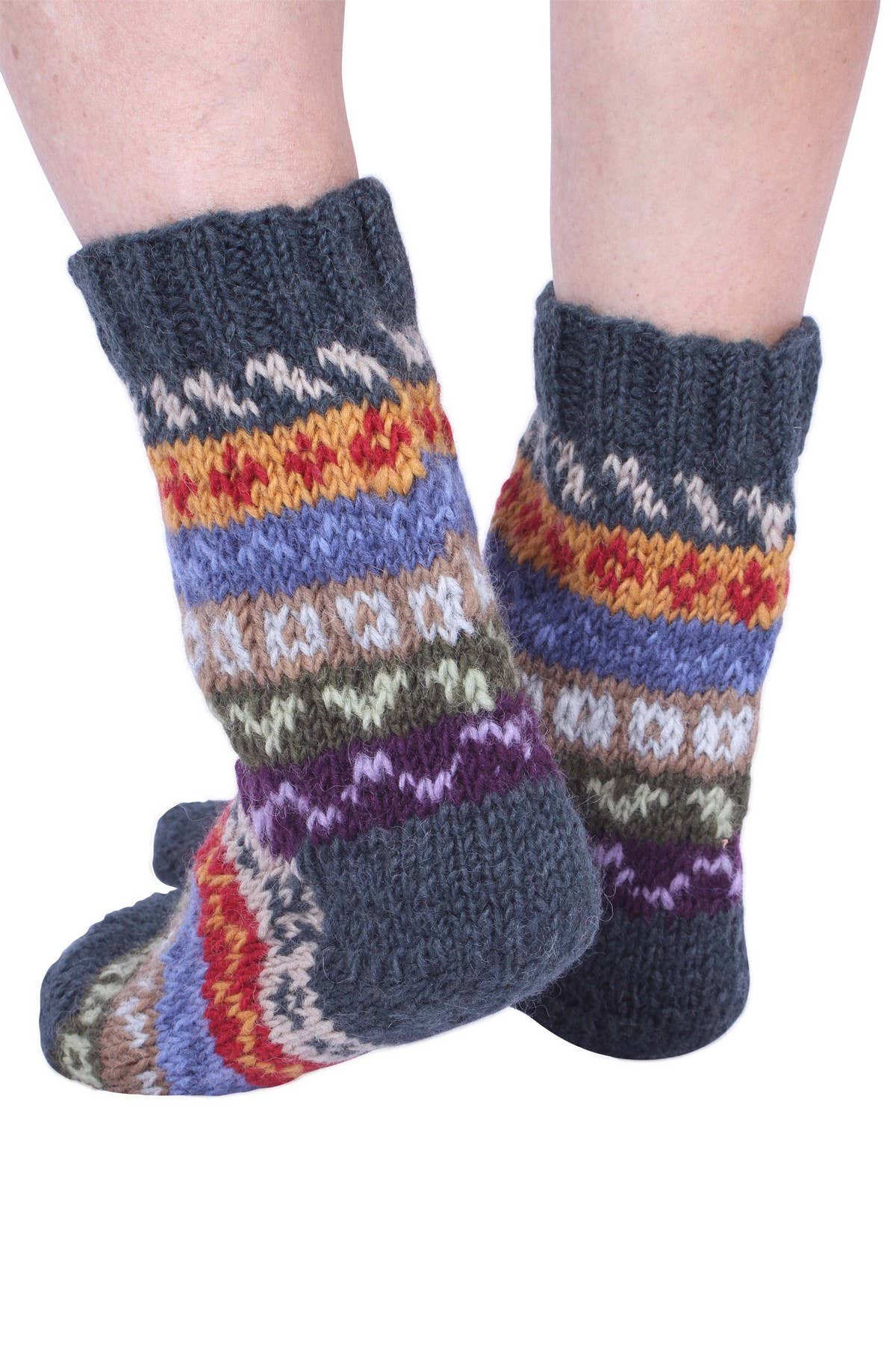 Elveden - Knitted Wool Earthy Green Fair Isle Sofa Socks: One Colour