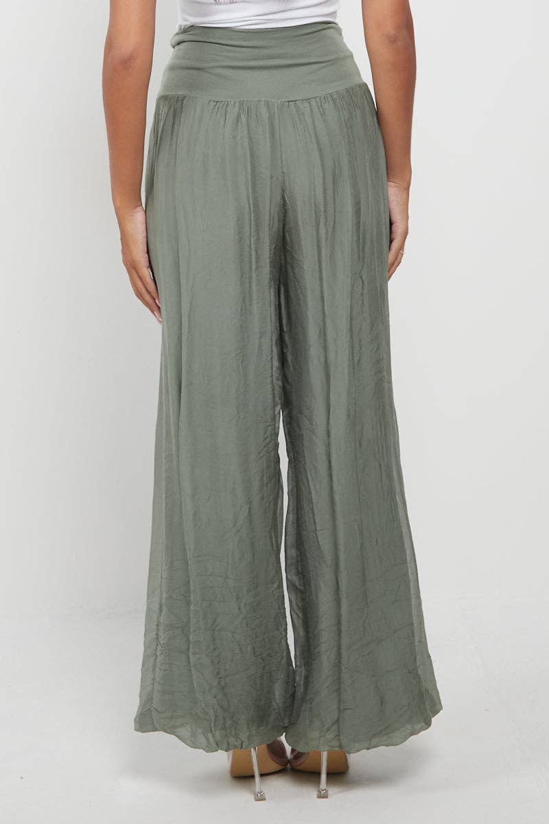Italian Ladies Plain Wide Leg Silk Palazzo Trouser: Navy / One Size (UK 10-16)