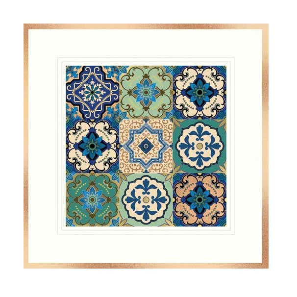 Framed Alhambra Pattern Card with blue teal cream gold tiles