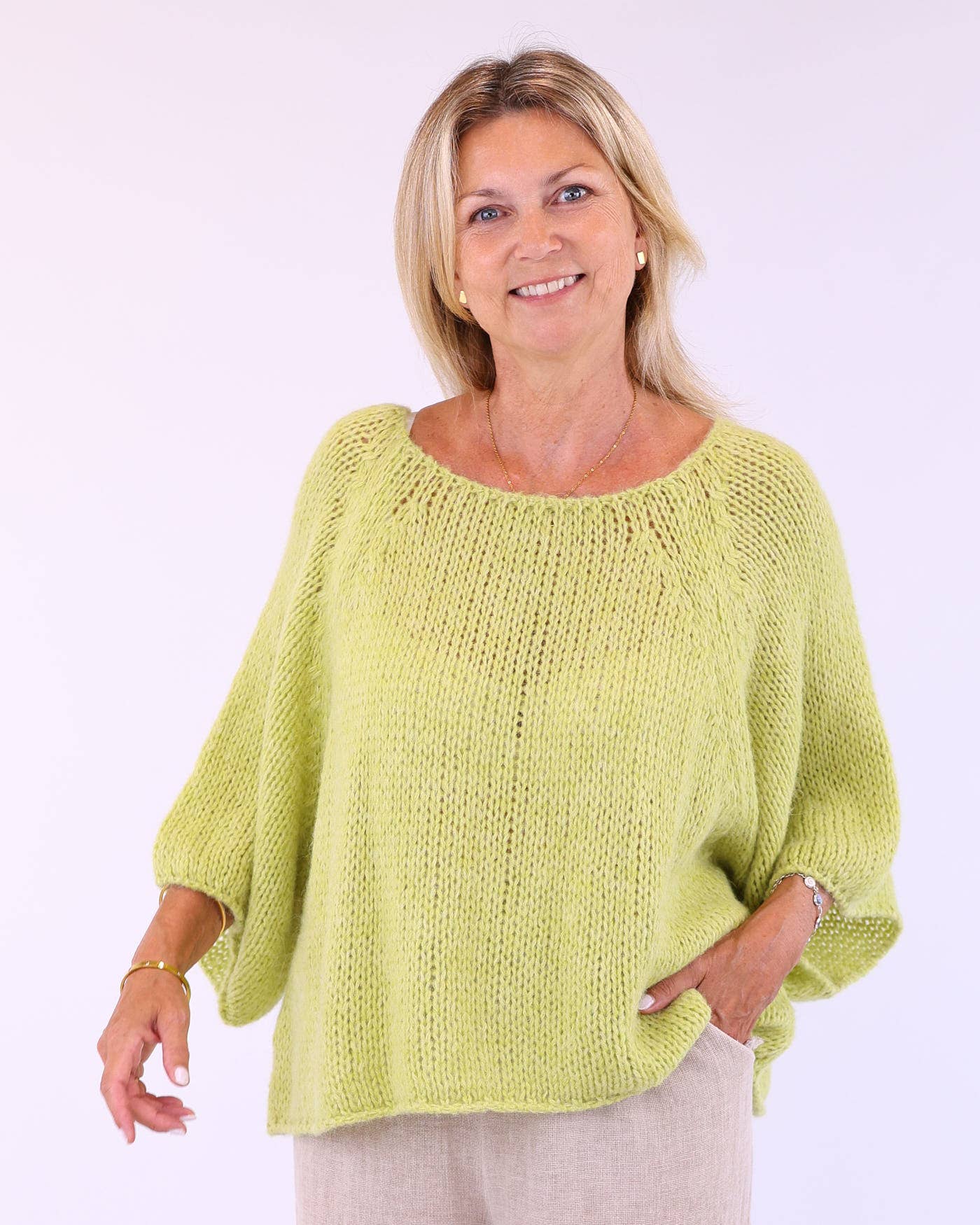 Soft light green Alpaca Blend Swing Jumper with loose fit and wide sleeves
