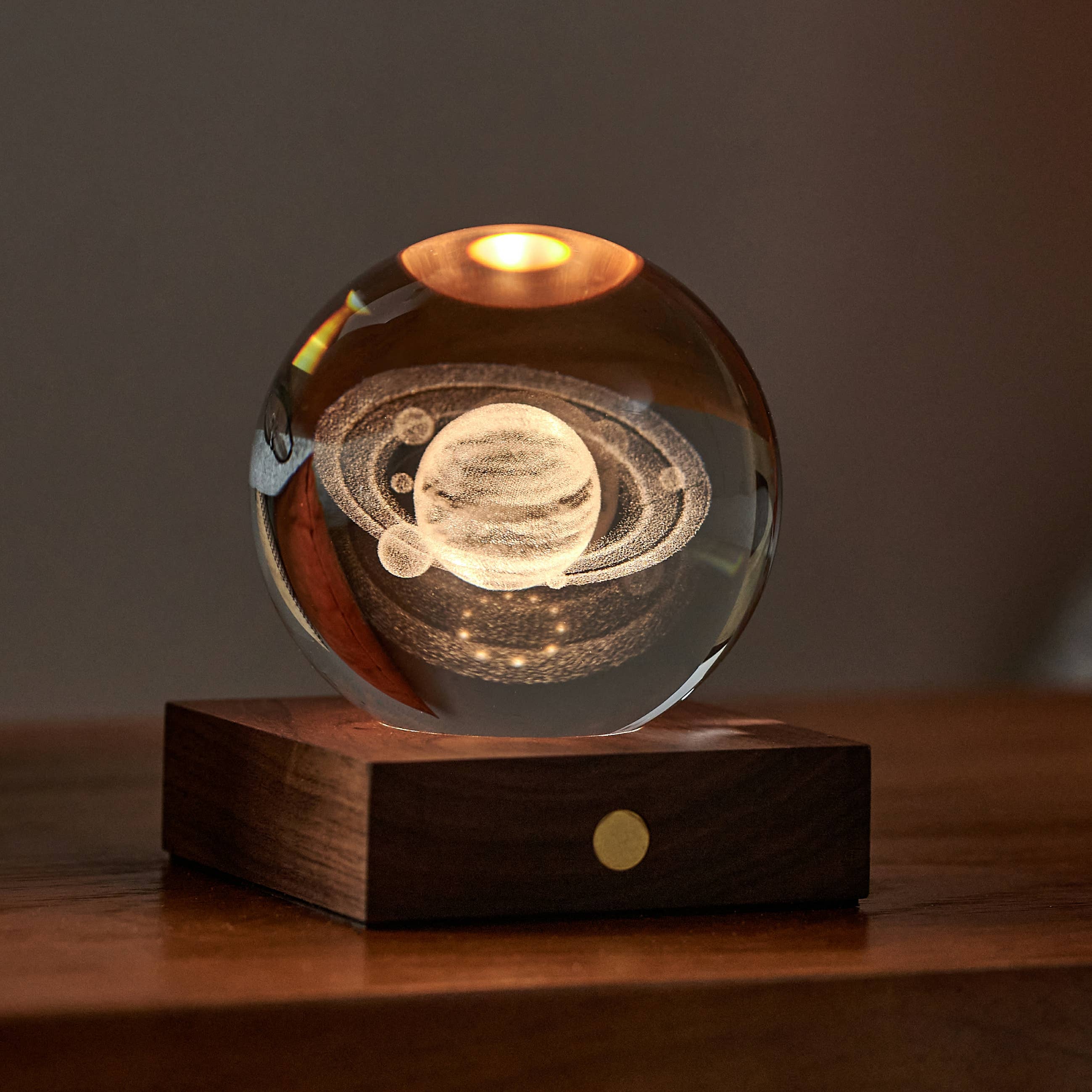 Amber Crystal Light Dandelion: illuminated crystal globe on wooden base