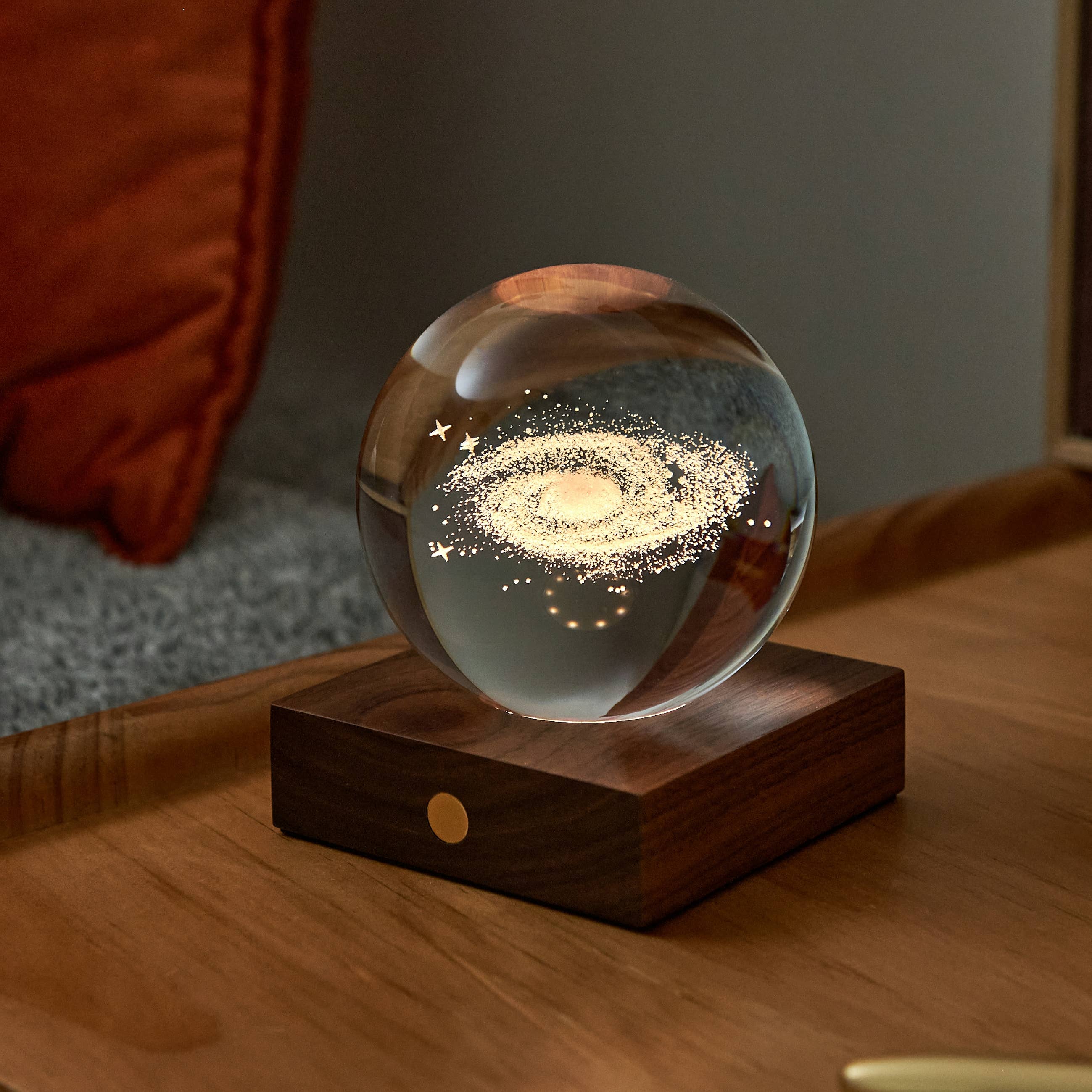 Amber Crystal Light Dandelion: glowing galaxy sphere on wood base