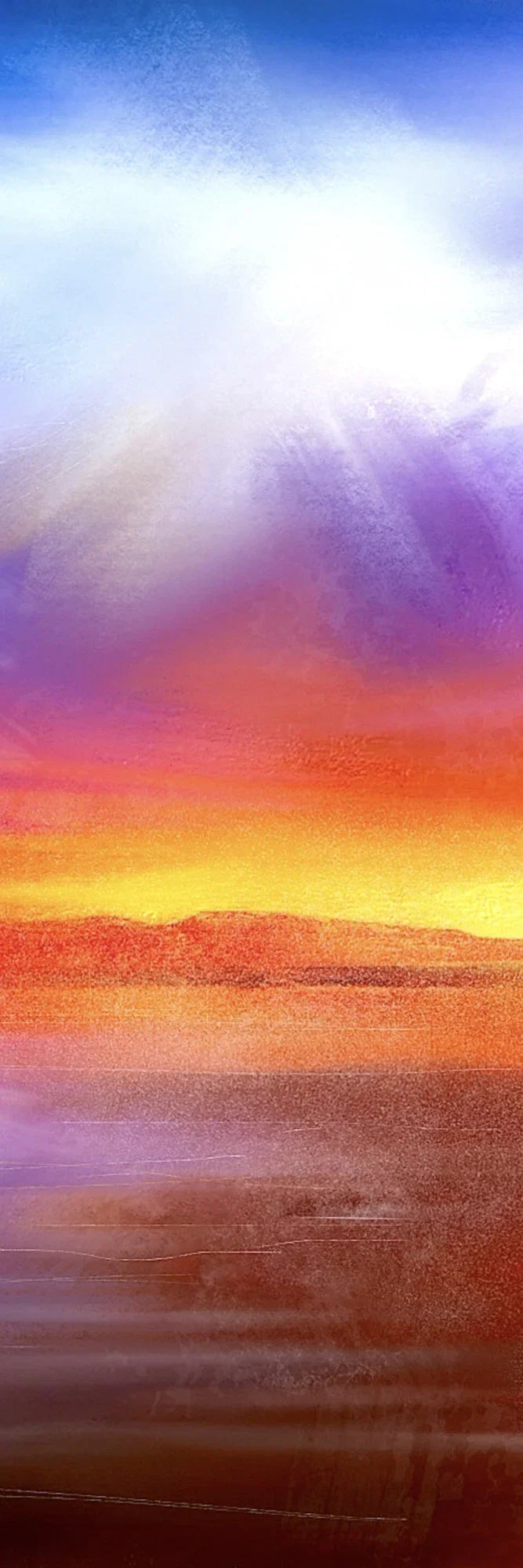 Vibrant Arran Sunset Triptych painting with purple-to-orange gradient sky and silhouetted Scottish mountains