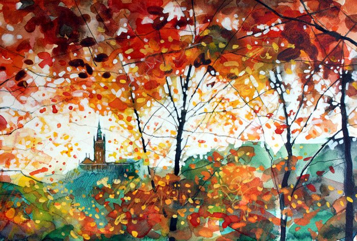 Watercolor painting of Autumn Kelvingrove Sunset castle amid vibrant fall leaves
