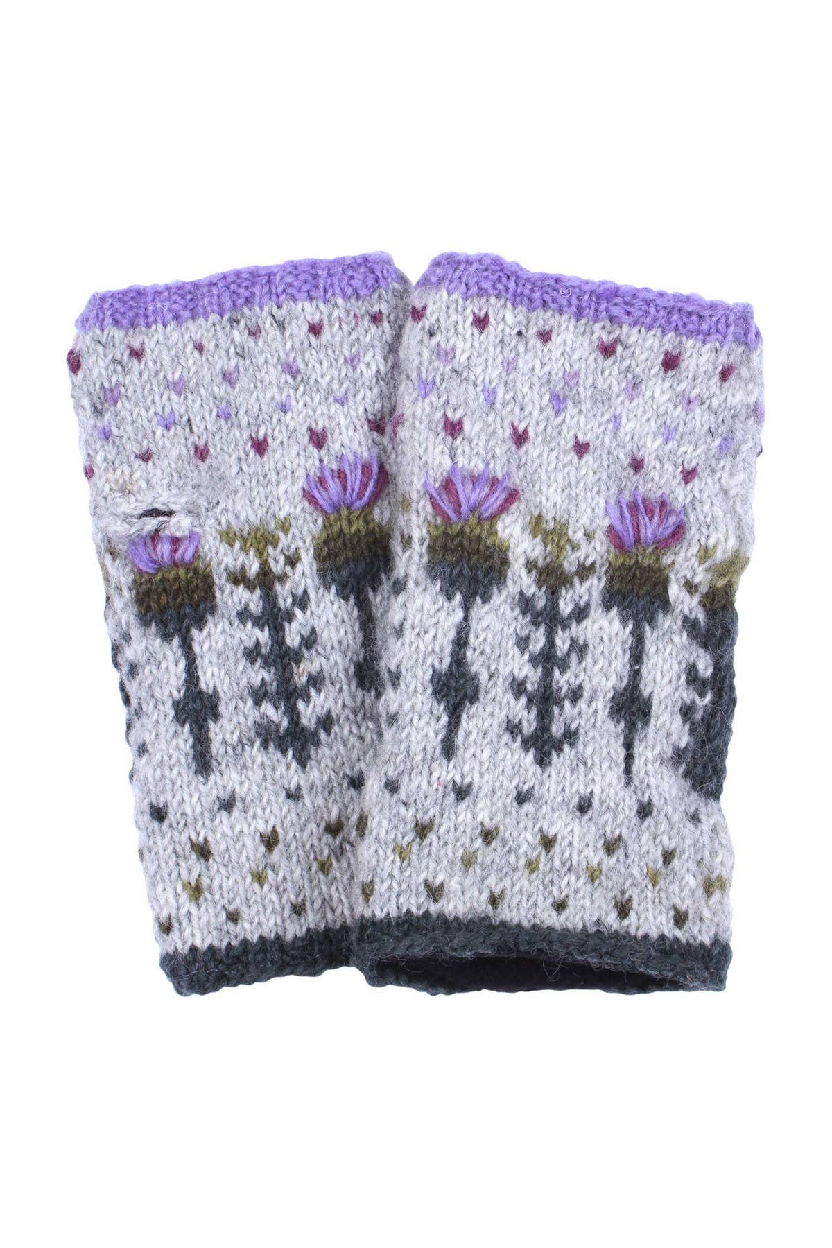 Scottish Thistle Knit Fingerless Gloves Grey Wool Floral: One Colour