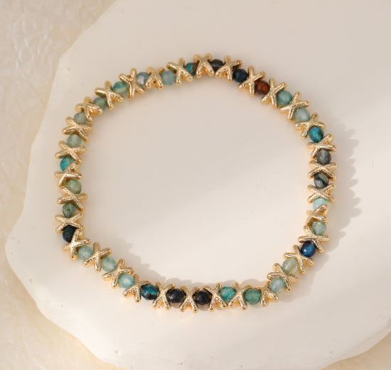 Gold Blue Bead X Bracelet