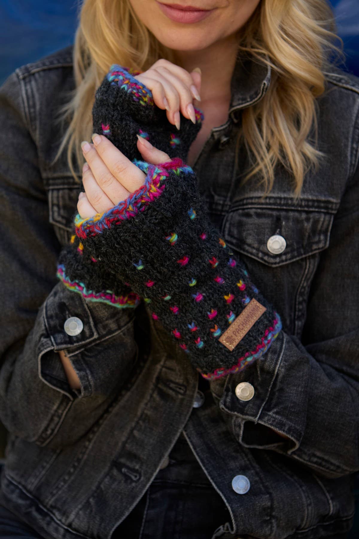 Mosaic Space Dyed Wool Knit Fingerless Gloves Black: One Colour