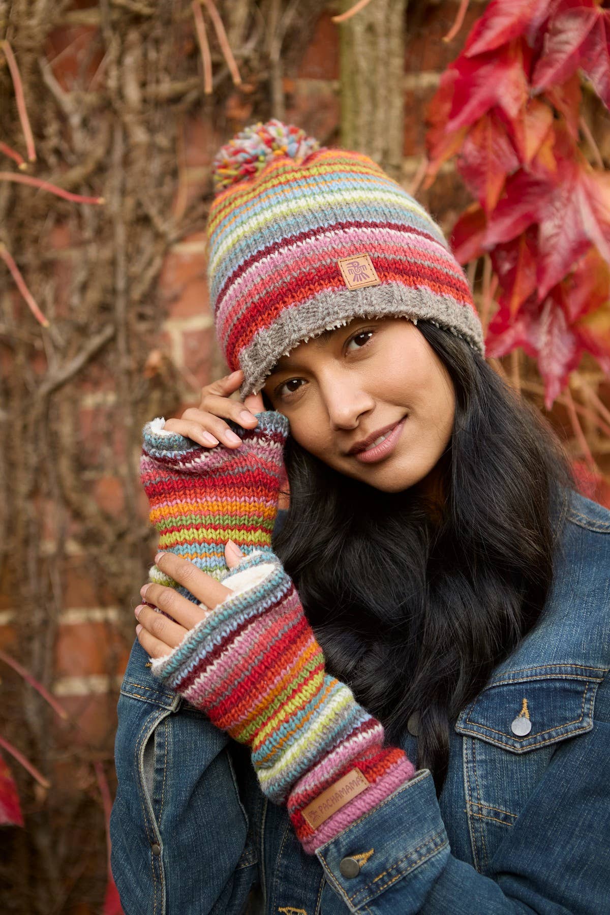Seville Knit Fingerless Gloves Sunset Striped Sherpa Fleece: Handwarmer