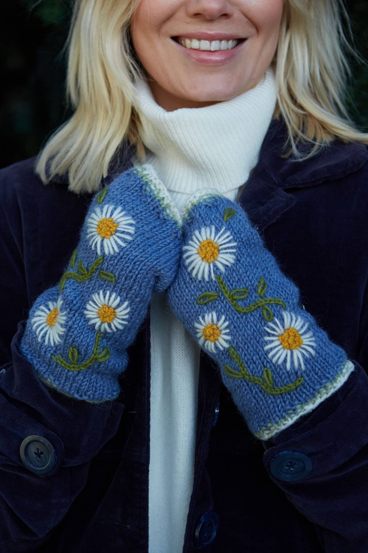 Daisy Chain - Blue Fleece Lined Knit Wool Fingerless Gloves: Jacaranda