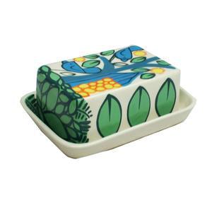 Birds Butter Dish with green leaves, blue flowers, yellow corn motifs