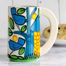 Birds Mug: White Ceramic with Hand-Painted Birds, Flowers, Corn Stalks