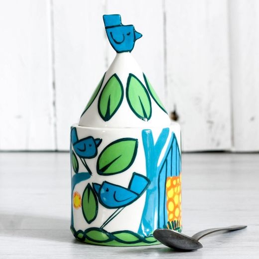 Birds Sugar Pot with white ceramic egg cup, hand-painted birds, leaves, tree, blue bird lid