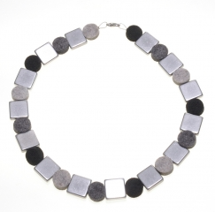 Sleek black and grey necklace with silver squares and beads