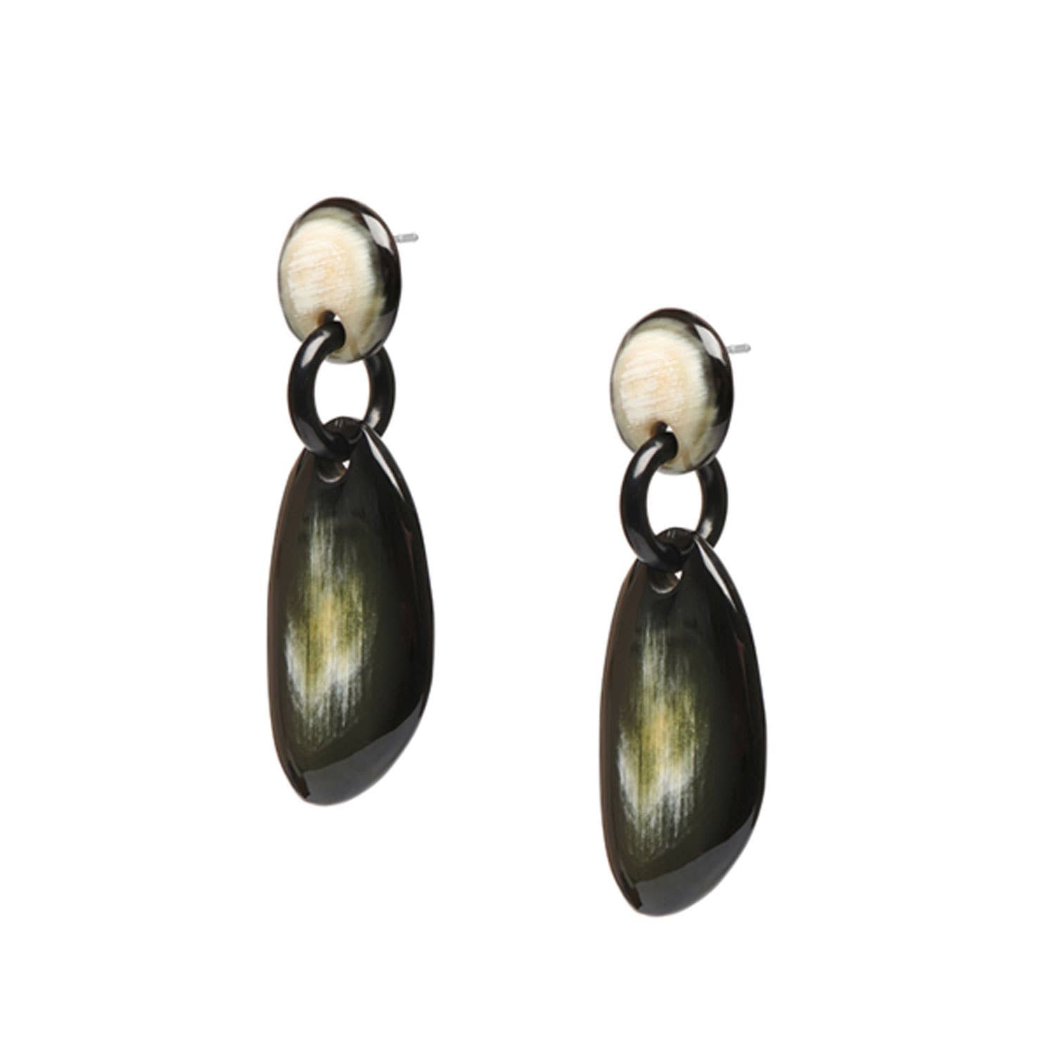 Black and cream natural pebble drop horn earrings