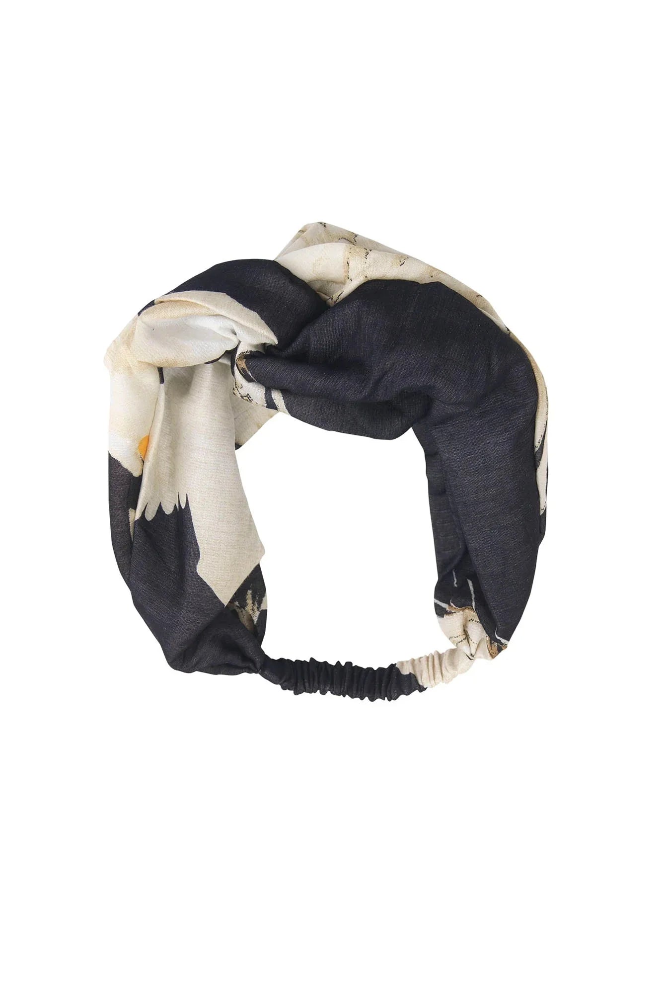 Black Stork headband in black and cream silk with twisted knot and floral design