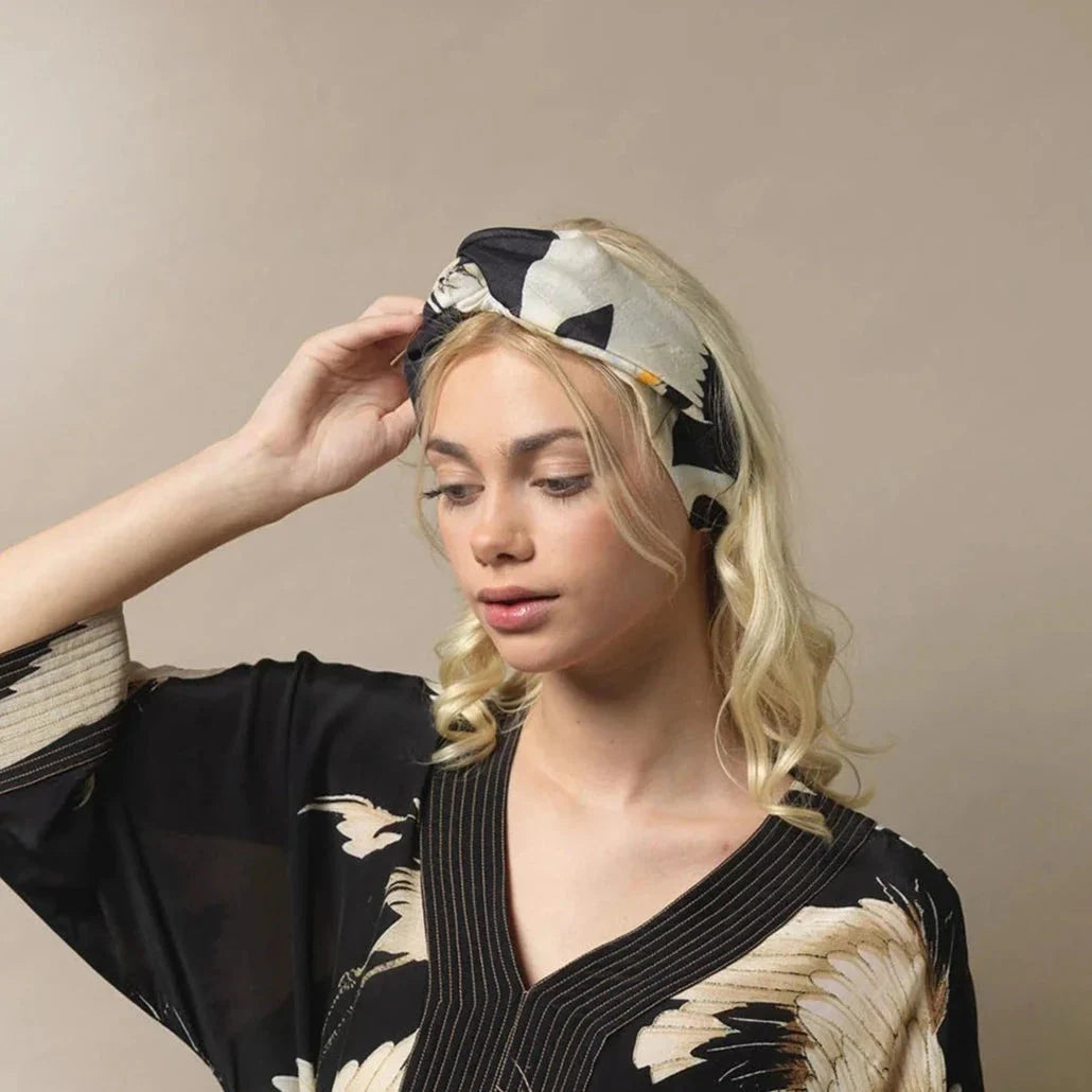 Black and white patterned silk Black Stork Headband with twisted knot