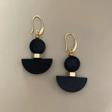 Black wood hematite earrings with gold-tone hooks and minimalist geometric design