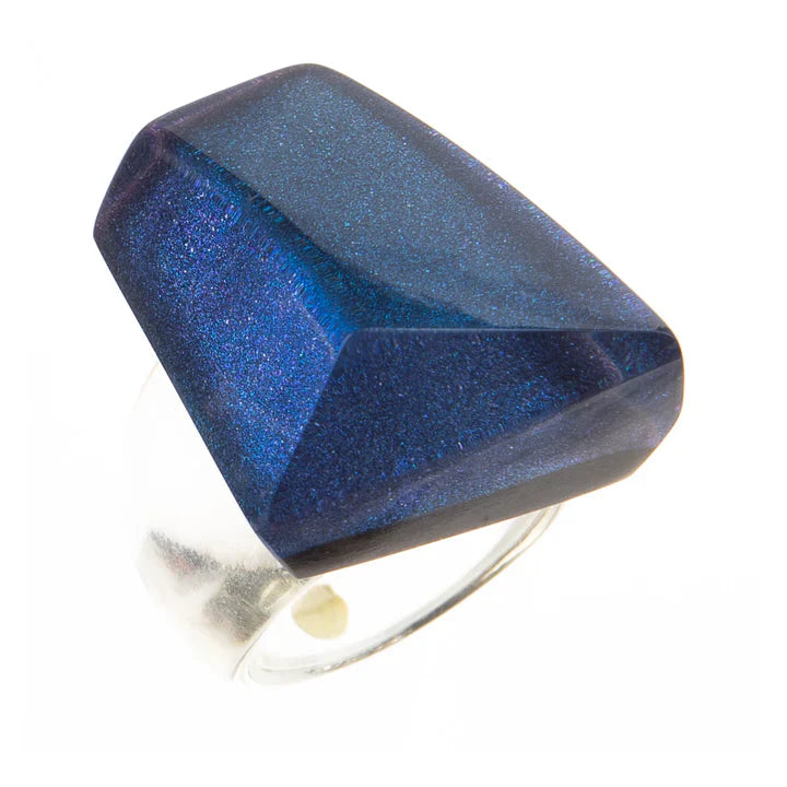 Striking blue faceted resin ring with silver band, Blue Purple Ring