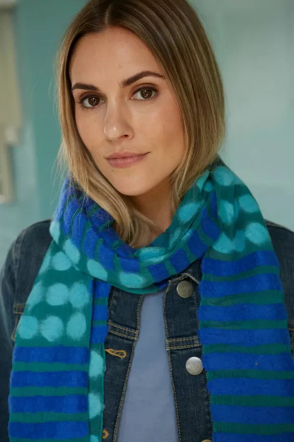 Vibrant blue and teal polka dot Blue Spot Scarf with horizontal stripes