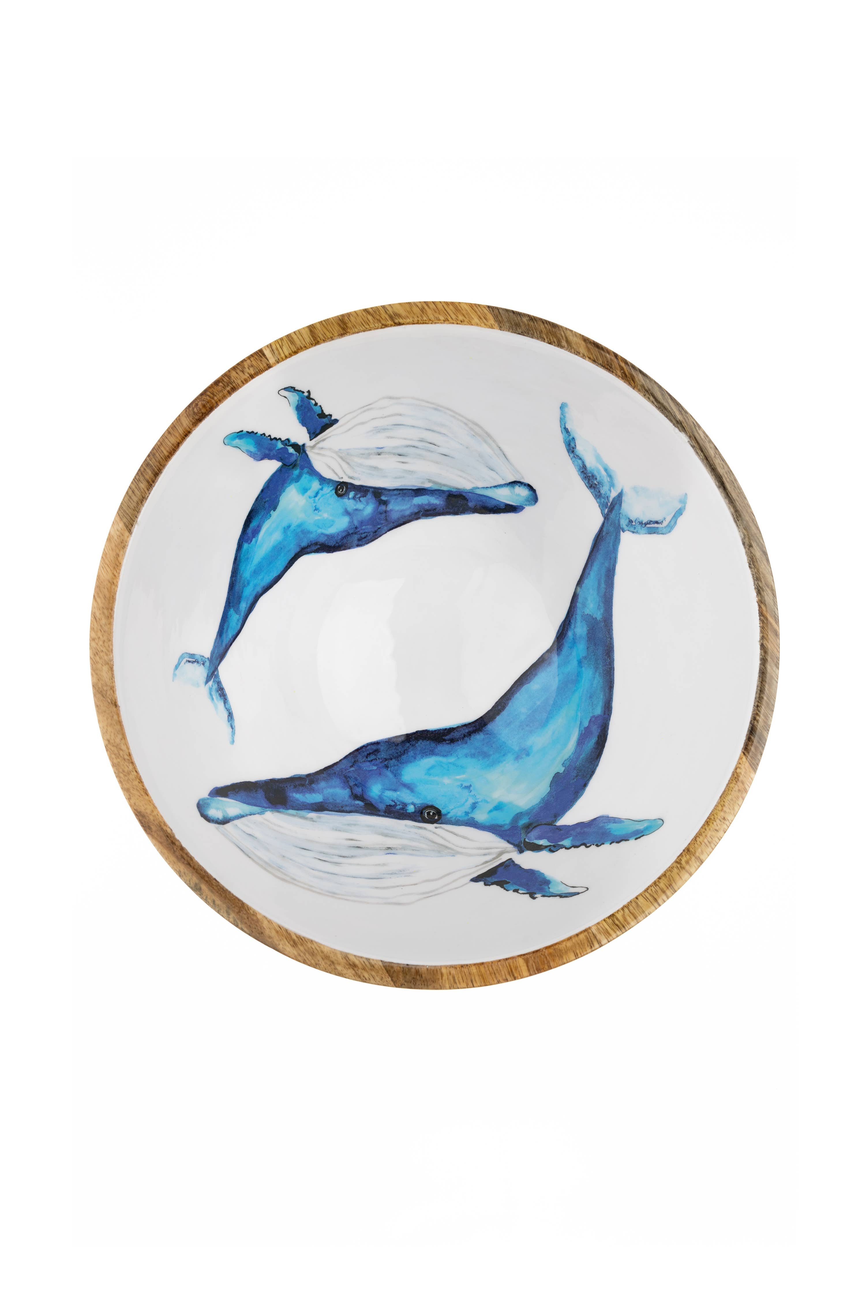 White ceramic Blue Whale Bowl with wooden rim and watercolor whales, 25cm