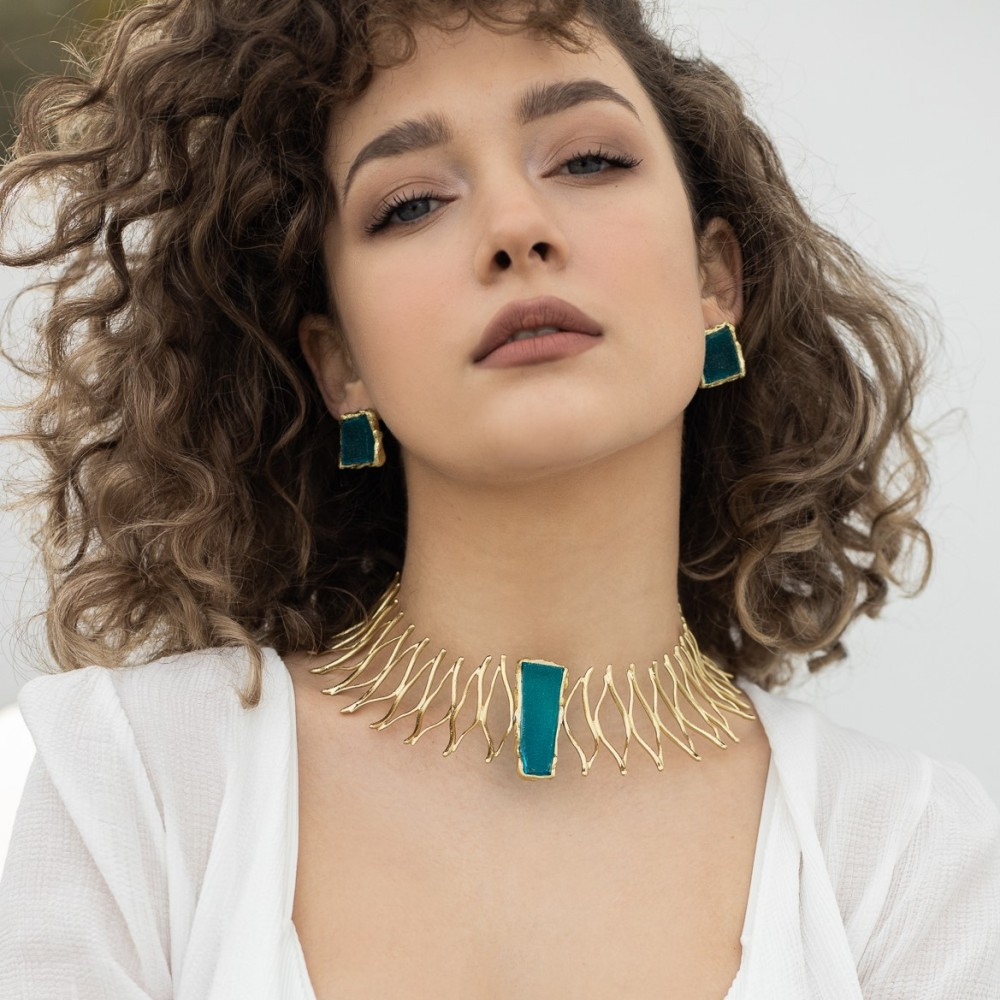 Bronze & Amethyst necklace with gold choker, teal inlays, wavy metal design