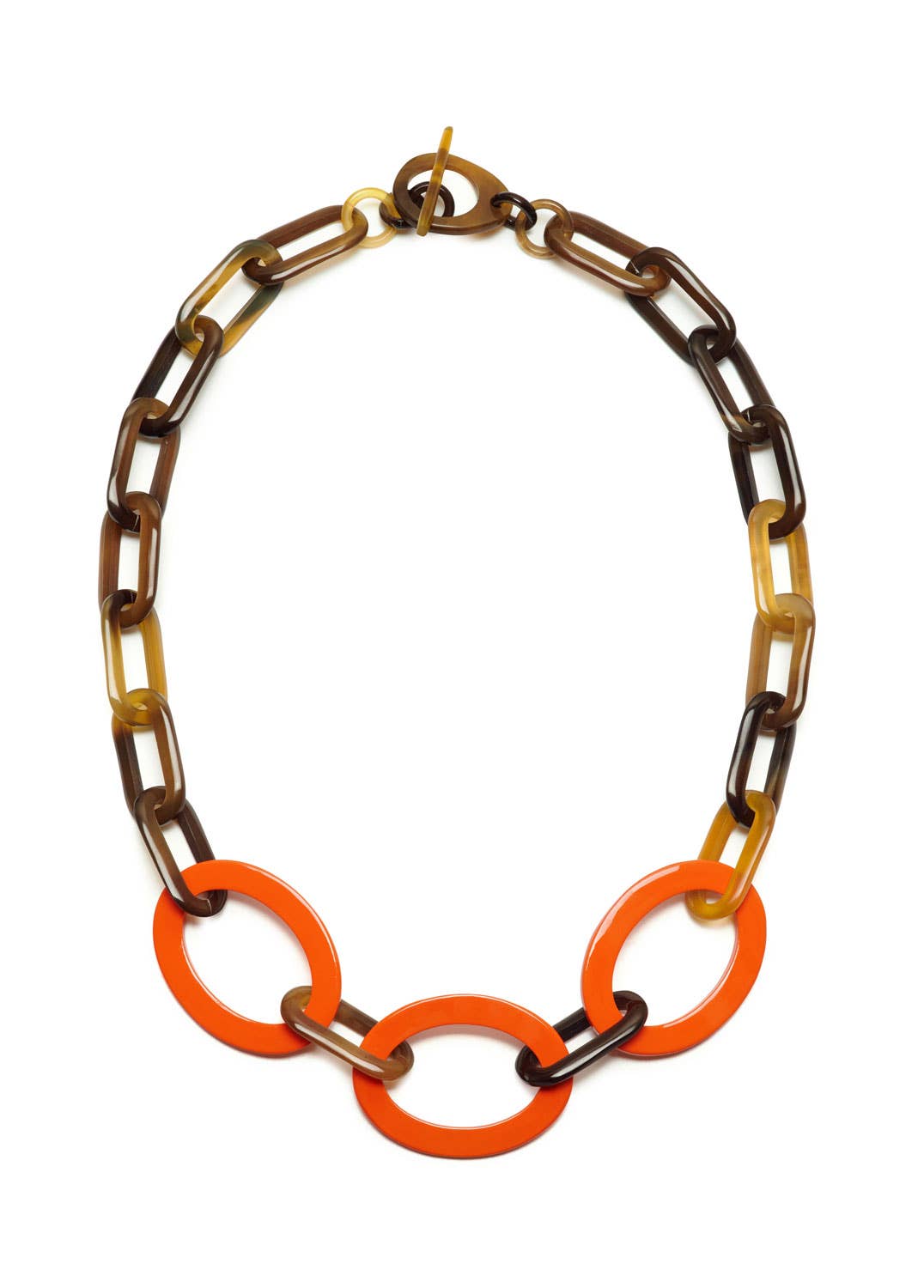 Bold brown and orange translucent acrylic horn link necklace with gold clasp